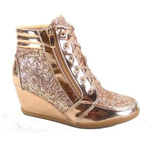 Gold glitter women’s high top wedge sneakers
